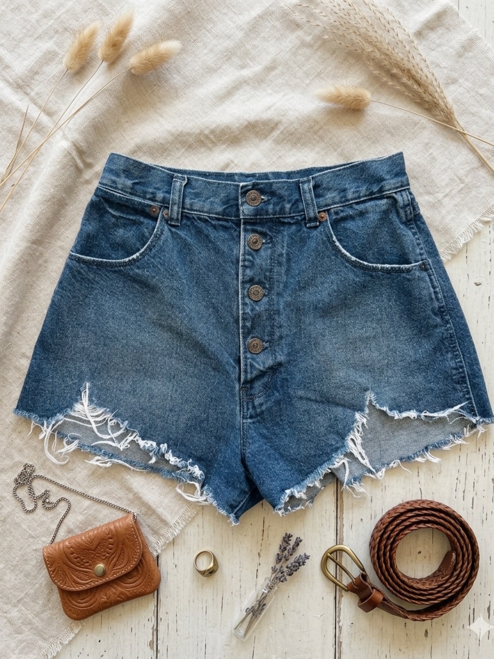 Moussy High Rise Dark Wash Distressed Button Fly Denim Shorts Size 2 Aesthetic